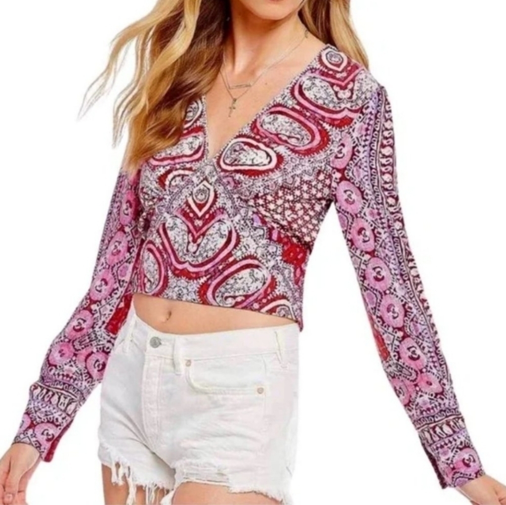 FREE PEOPLE Wild and Free Paisley Crop Top Pink Purple SP